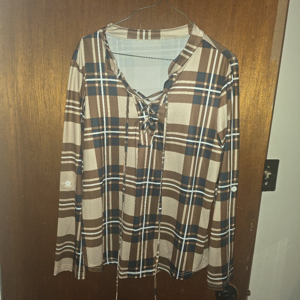 SHEIN Brown Plaid Shirt With Ties Up The Bust